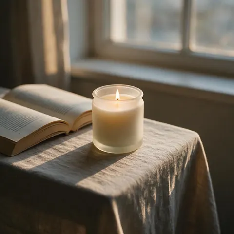 Unbranded candle on a linen side table in window light