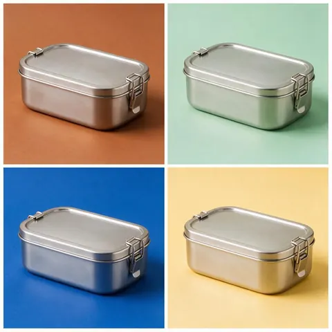 The same lunch box on four colour backdrops