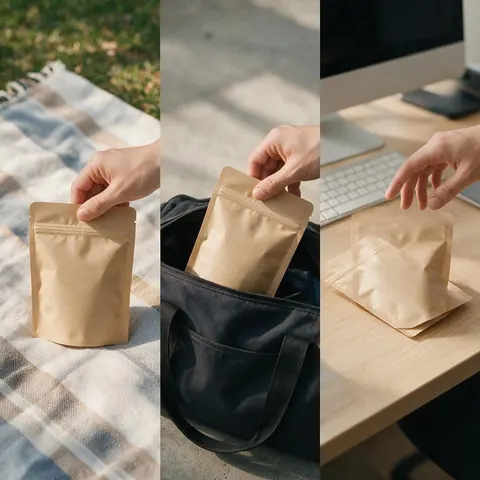 An unbranded snack pouch in three everyday scenes