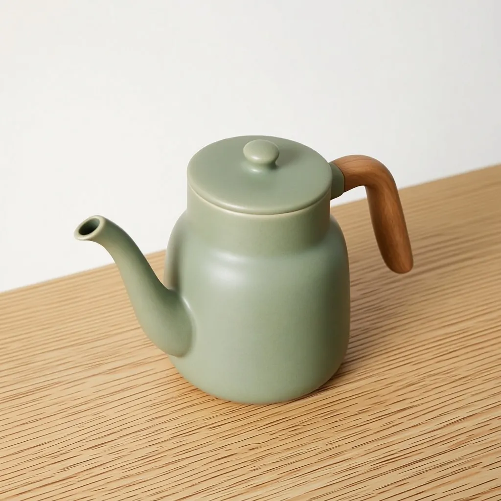 Front packshot of a sage-green ceramic kettle with a wooden handle on an oak table (after)