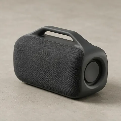 Three-quarter view of a charcoal fabric speaker on concrete