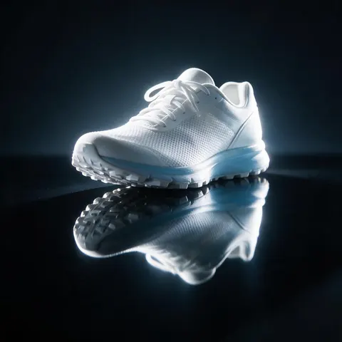 Low-angle shot of a white running shoe with dramatic rim light