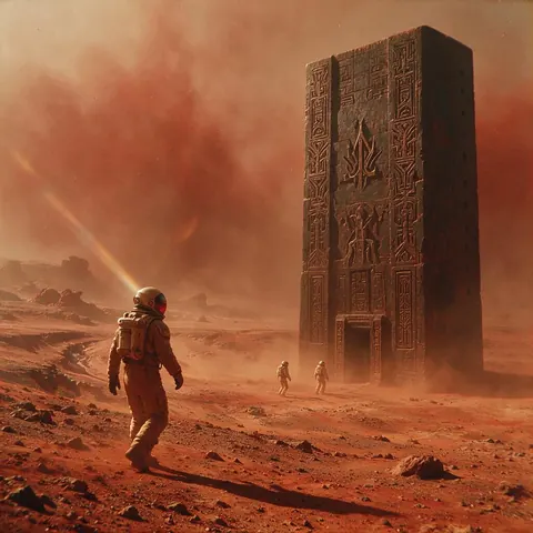 Sci-fi still of explorers approaching a colossal monolith in a red desert