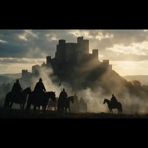 Medieval castle at sunrise with knights in silhouette and volumetric smoke