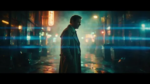 Neo-noir movie still of a detective in a trench coat in a rainy neon alley, with lens flares