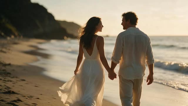 A couple stands hand in hand on a sunset beach as waves and fabric move in the breeze