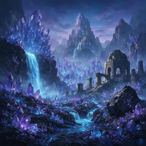 Fantasy concept art of a glowing crystal forest with floating waterfalls