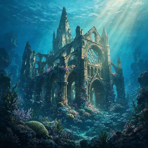 Concept art of a sunken gothic cathedral covered in coral reef underwater