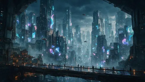Concept art of a rainy cyberpunk megacity with towers, holograms and flying vehicles