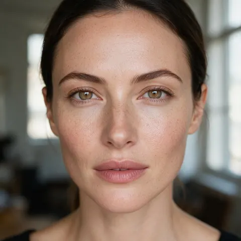Close-up beauty portrait of a freckled woman in her 30s with natural skin texture
