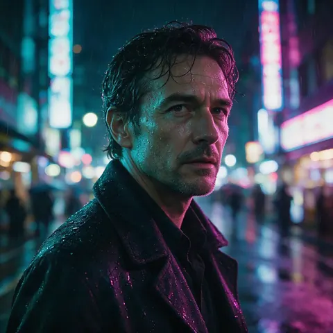 Rainy neon street portrait of a man in his 40s with cyan and magenta rim light