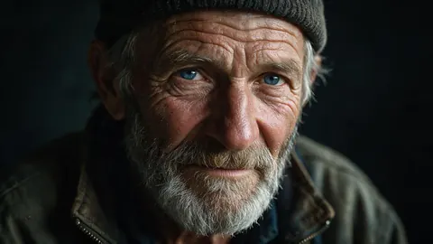 Hyperrealistic portrait of an elderly fisherman with a grey beard in dramatic side light