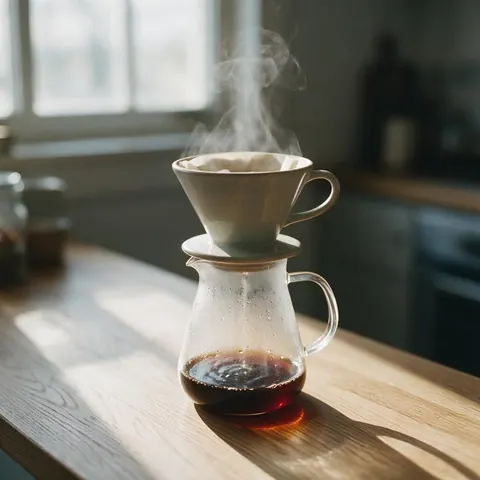 Ceramic coffee dripper with rising steam on an oak counter