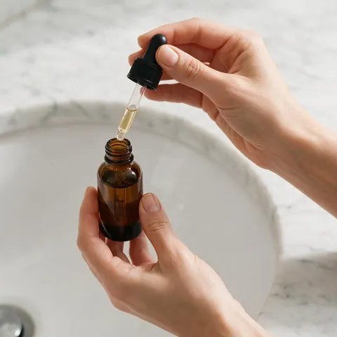 Hands holding a dropper bottle over a marble sink