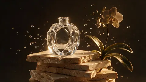Perfume bottle on travertine slabs with frozen water droplets