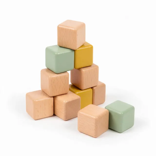 Wooden blocks on white: AI-generated studio-white shot of a wooden toy block set