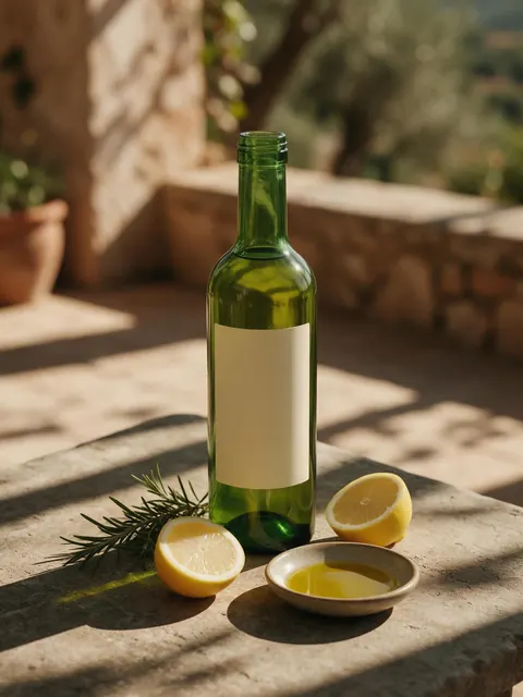 Olive oil editorial still: AI-generated editorial still life of an olive oil bottle in hard sun