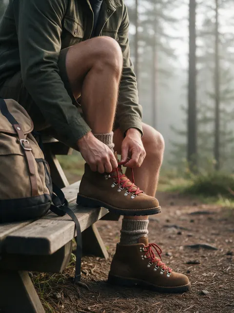 Hiking boot faceless shot: AI-generated faceless shot: hands lacing hiking boots on a trailhead bench