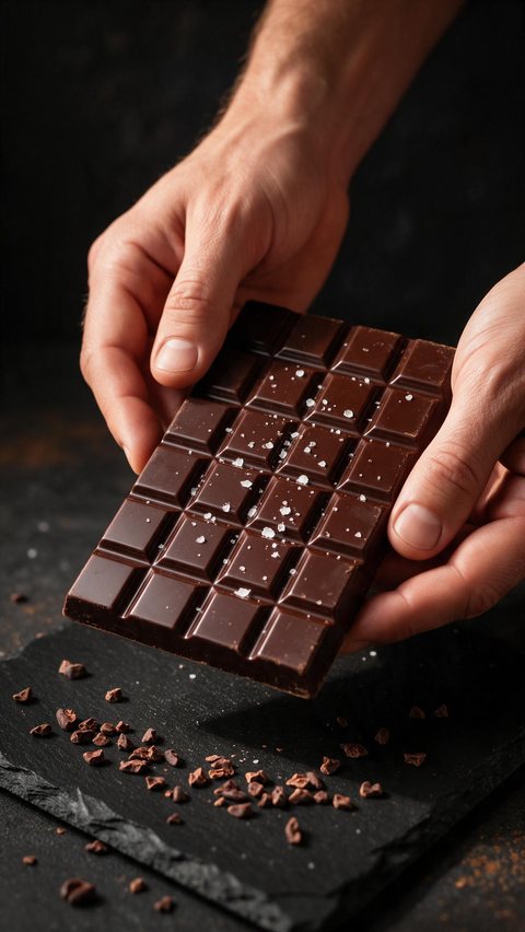 Chocolate bar snap ASMR: AI-generated ASMR clip: hands snap a dark chocolate bar over a slate board