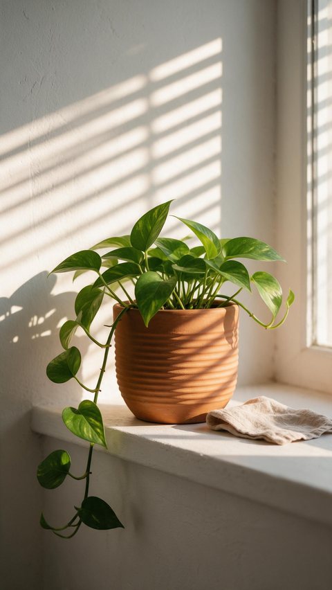 Terracotta planter sun shadows: AI-generated lifestyle clip: a terracotta pot with a trailing plant in moving shade