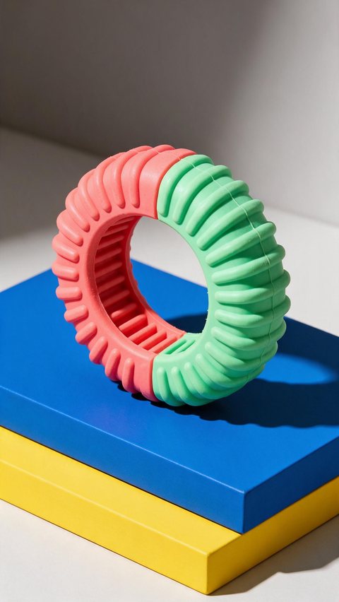 Dog toy colour-pop bounce: AI-generated colour-pop clip: a rubber dog toy bouncing on bright colour blocks