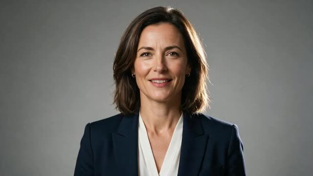An executive in a navy blazer smiles slightly in a studio headshot