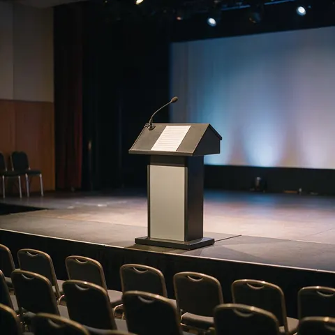 Conference lectern with a microphone and run-of-show sheet before an event