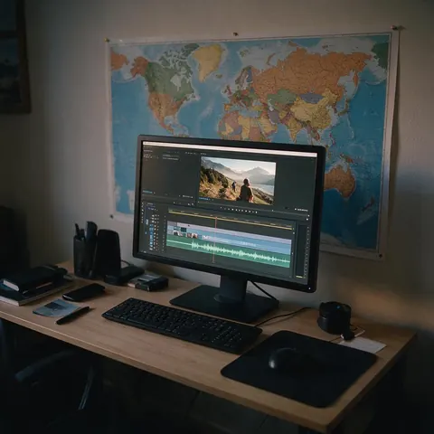 Editing monitor with a travel video timeline and a highlighted voice-over track