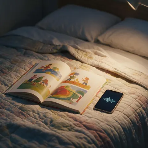 Open picture book on a bedspread beside a phone showing sound waves