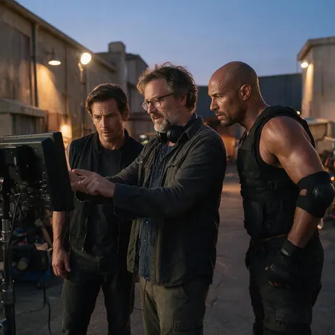 Filmmaker showing a monitor to an actor and a stunt performer on a backlot