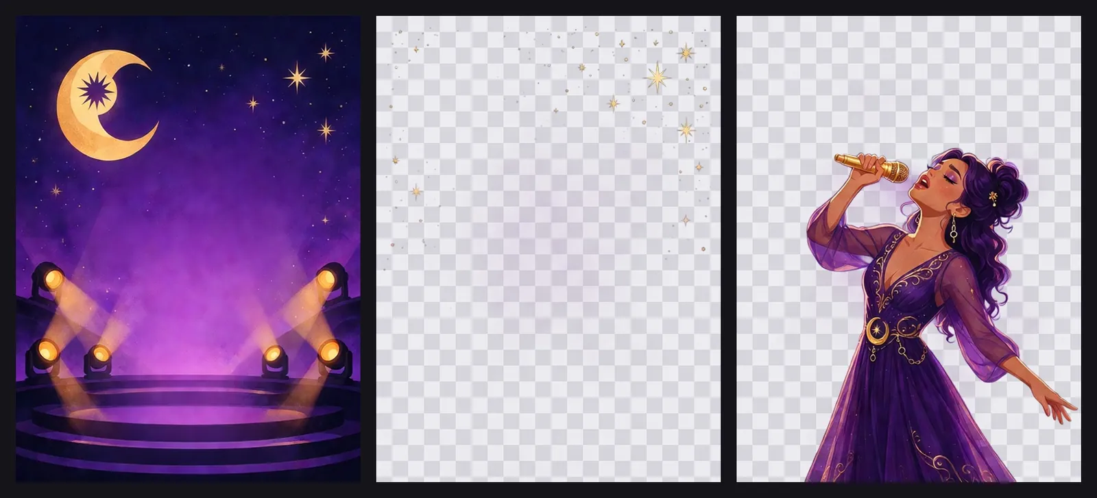 Illustrated concert poster: a singer with a microphone, stage lights and a crescent moon (after)