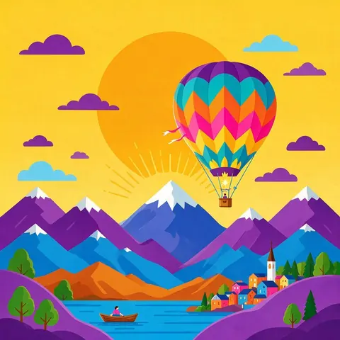 Flat festival poster artwork with a balloon, mountains and a sun