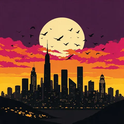 Flat poster of a city skyline at dusk with a moon and birds
