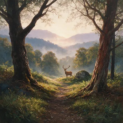 Forest illustration with foreground trees, a deer and misty hills