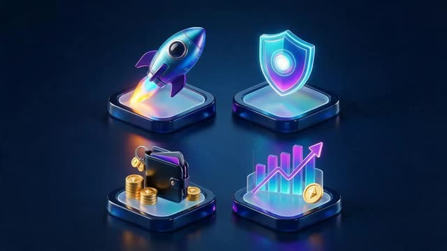 Looping 3D icons gently floating with light glinting