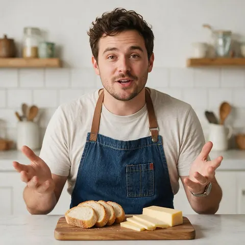 Food creator talking over a board of bread and cheese