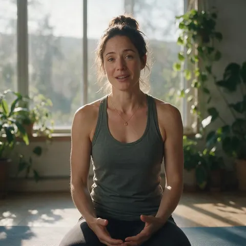 Yoga teacher talking to camera on a mat by a window