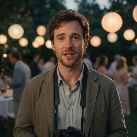 Photographer talking to camera at an evening garden party