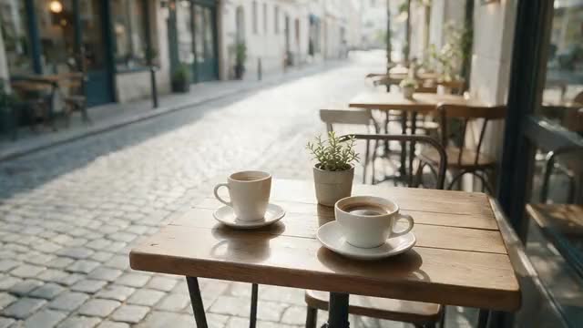 Looping clip: a slow push-in on a tidy cafe terrace table in morning light