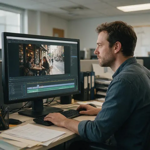 Video editor reviewing a cafe street clip on a monitor