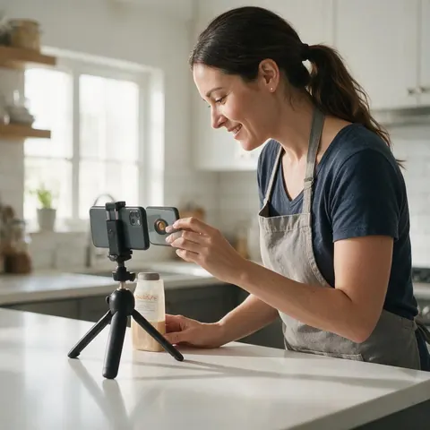 Woman filming a product on a kitchen counter with a phone on a tripod