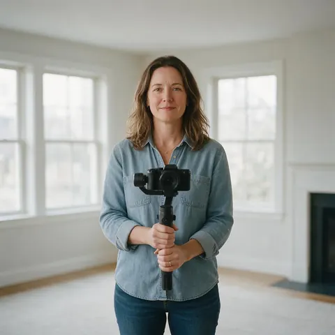 Photographer with a gimbal in a bright empty living room