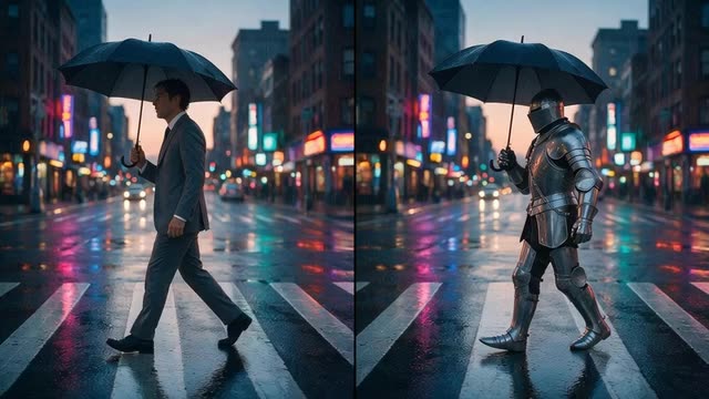 Looping clip of a rainy crosswalk shot with a businessman and the same shot recast with a knight