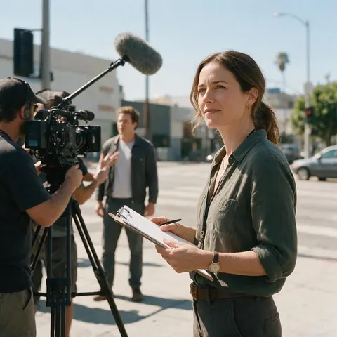 Ad producer on a street shoot beside a crew filming a stand-in