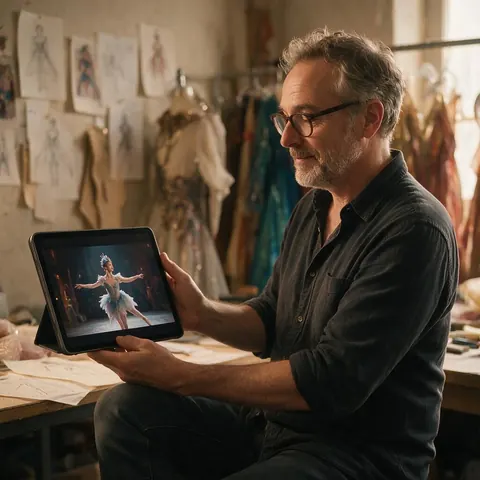 Costume designer reviewing a dancer video on a tablet in a workshop