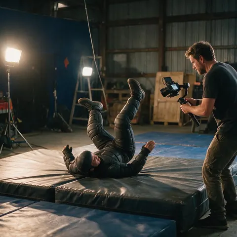 Stunt performer rehearsing a roll while a filmmaker films on a gimbal