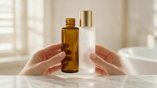 Looping clip of a hand-held amber bottle turning into a frosted-white product