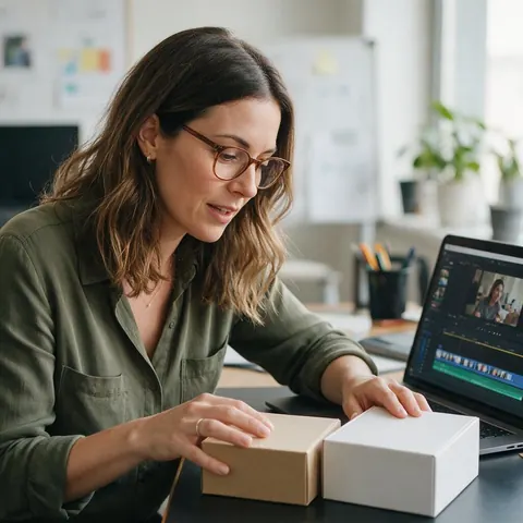 Marketer comparing two product boxes beside a laptop with a video timeline
