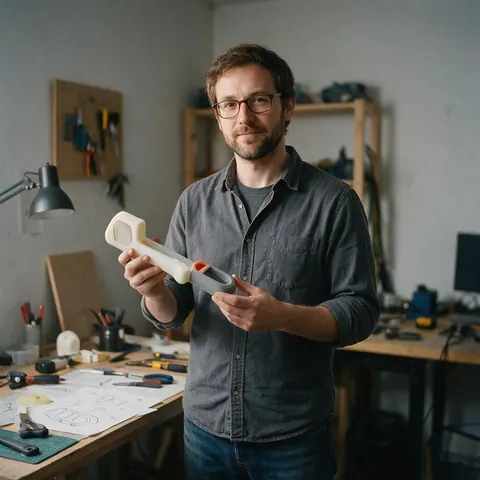 Product designer holding a 3D-printed prototype at a workbench