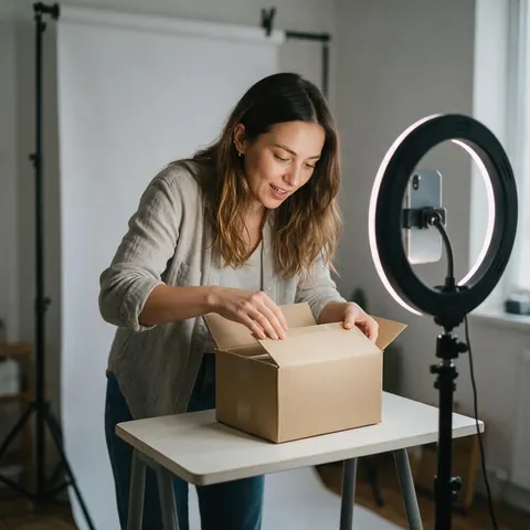 Seller filming an unboxing on a small home studio table
